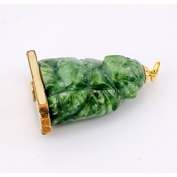 Winnard  Carved Spinach Jadeite Jade Buddha Gold Filled Pendant Signed Vintage - Picture 3 of 4